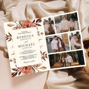 Convite Creme e Terracota Código QR Floral Casamento