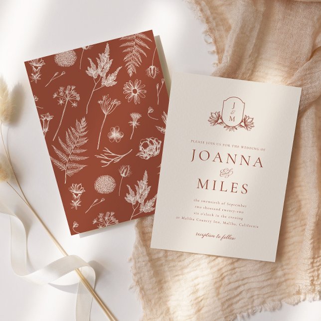 Convite Creme e Terracotta Floral Monogramas Crest (Criador carregado)