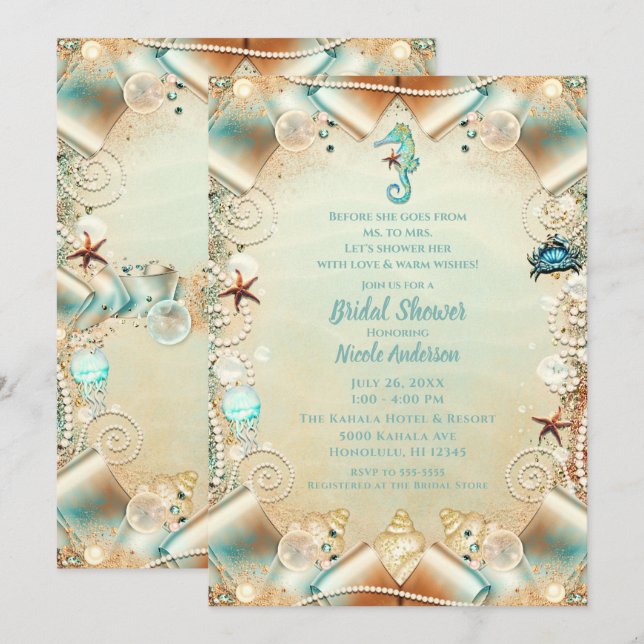 Convite Creme Encantado Sob Pérolas Marítimas Bração de Fi (Frente/Verso)