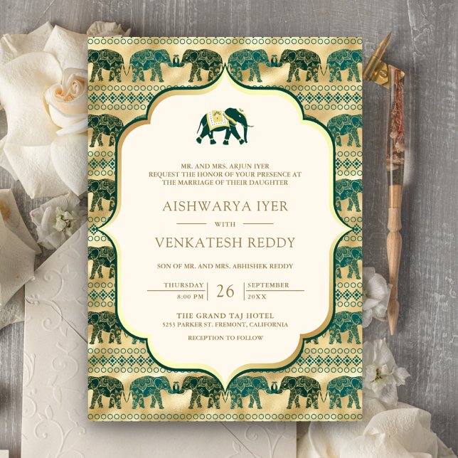 Convite Creme Esmeralda Elefante Tudo em Um Casamento Indi (Criador carregado)