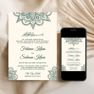 Convite Creme Esmeralda Henna Mehndi Casamento Islâmico Mu
