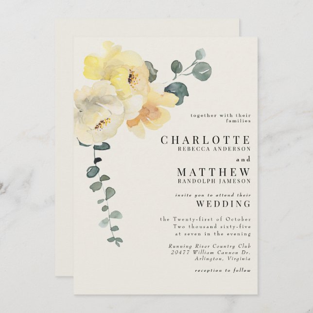 Convite Creme Floral Amarelo Casamento Elegante Sem Pais (Frente/Verso)