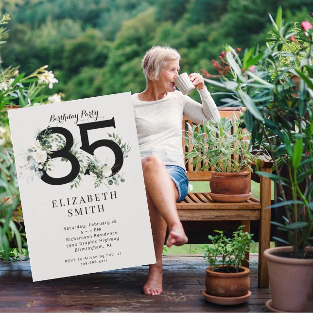 Convite Creme Floral Branco 85ª Festa de aniversário (Criador carregado)