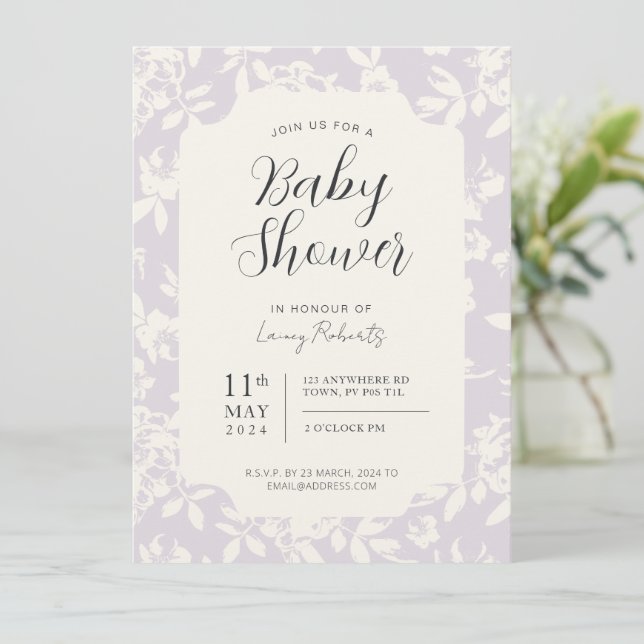 Convite Creme Floral de Rosa de Algodão e Lavanda Roxo (Em pé/Frente)