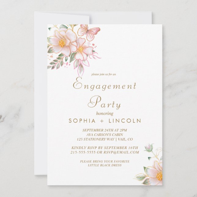 Convite Creme Floral Dourado e Festa de noivado Dourada (Frente)