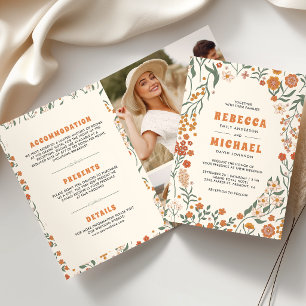 Convite Creme Laranja Groovy Flor Silvestre Tudo em Um Cas