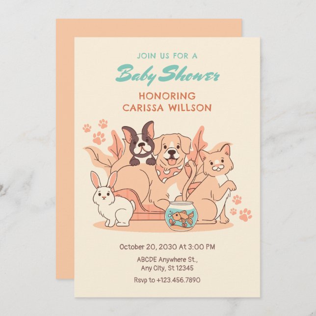 Convite Creme laranja Grupo de animais de companhia (Frente/Verso)