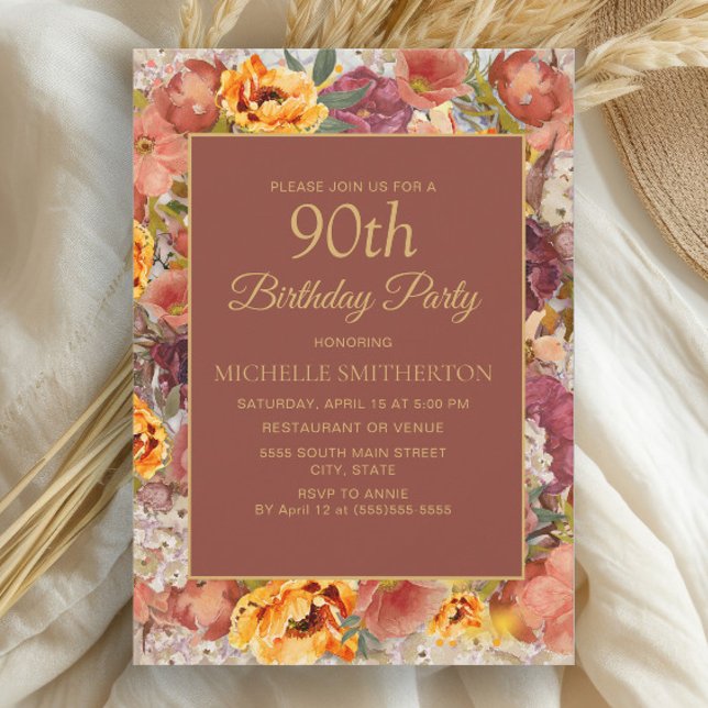 Convite Creme Laranja Queimado Frio 90 (Elegant burnt orange and rust watercolor floral fall-colored 90th birthday party invitation)