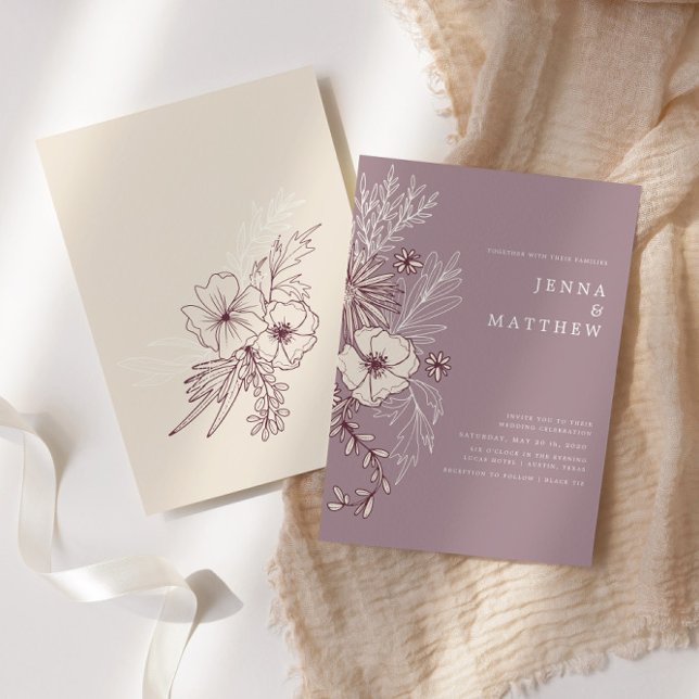 Convite Creme Moderno Mauve Floral Wedding (Criador carregado)