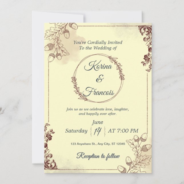 Convite Creme Ornamental e Casamento outono Borgonha Convi (Frente)
