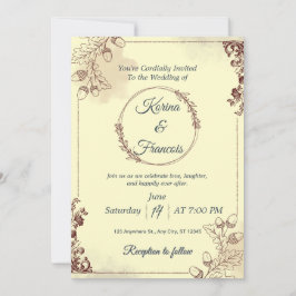 Convite Creme Ornamental e Casamento outono Borgonha Convi