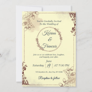 Convite Creme Ornamental e Casamento outono Borgonha Convi