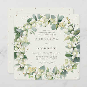 Convite Creme Quadrado Snowberry+Eucalyptus Wreath Casamen