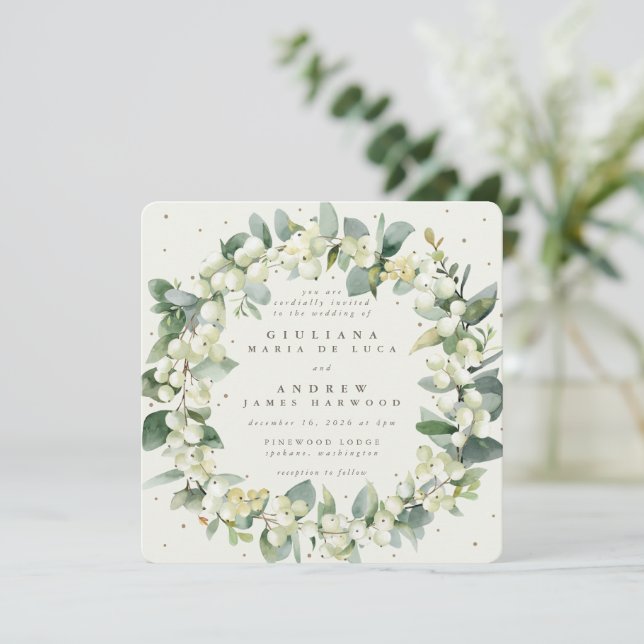 Convite Creme Quadrado Snowberry + Eucalyptus Wreath Wedes (Em pé/Frente)