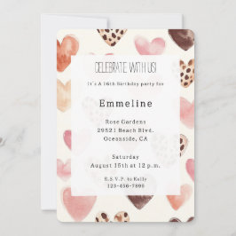 Convite Creme Rosa Corações Leopardo Aniversário