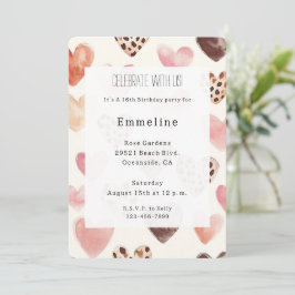 Convite Creme Rosa Corações Leopardo Aniversário