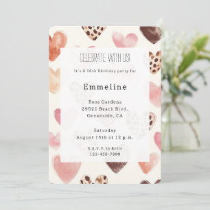 Convite Creme Rosa Corações Leopardo Aniversário