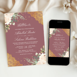 Convite Creme Rosa Dourado Laço Código QR Casamento Muçulm