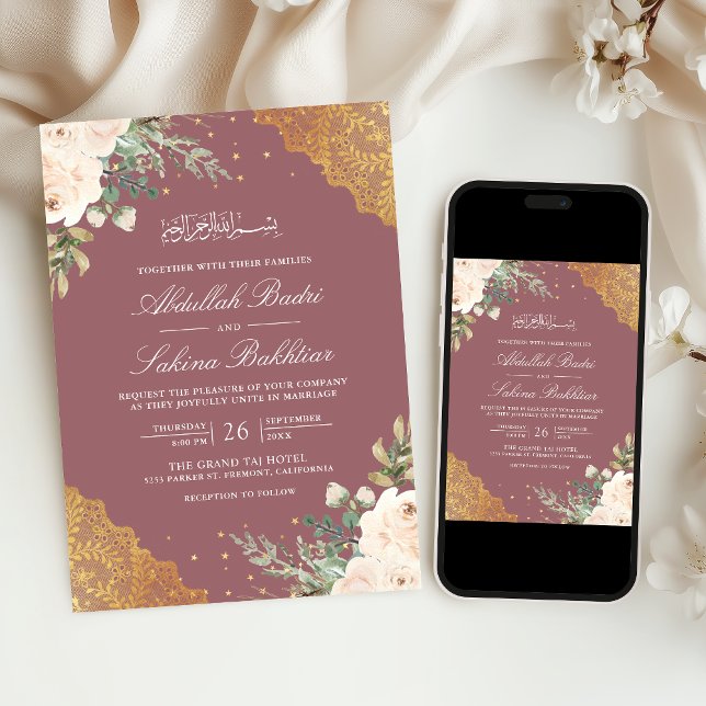 Convite Creme Rosa Dourado Laço Código QR Casamento Muçulm (Criador carregado)