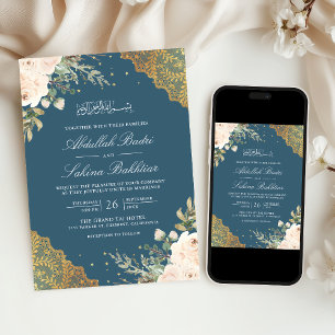 Convite Creme Rosa Dourado Renda Código QR Azul Casamento
