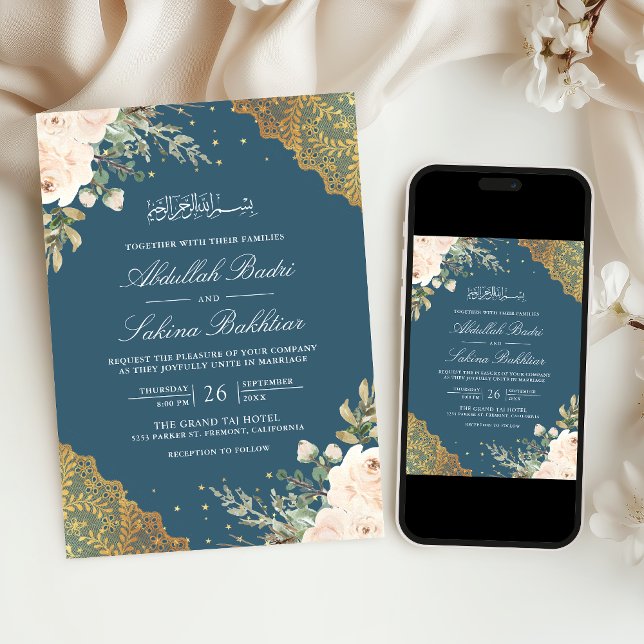 Convite Creme Rosa Dourado Renda Código QR Azul Casamento  (Criador carregado)