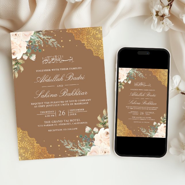 Convite Creme Rosa Dourado Renda Código QR Bege Casamento  (Criador carregado)