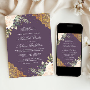 Convite Creme Rosa Dourado Renda Código QR Roxo Casamento