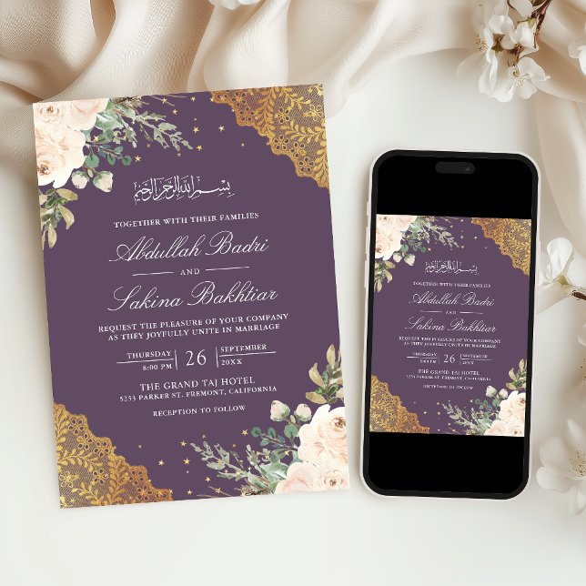 Convite Creme Rosa Dourado Renda Código QR Roxo Casamento  (Criador carregado)