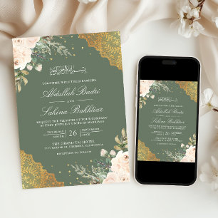 Convite Creme Rosa Dourado Renda Código QR Verde Casamento