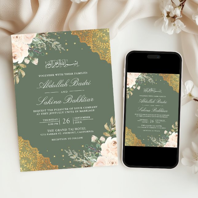 Convite Creme Rosa Dourado Renda Código QR Verde Casamento (Criador carregado)
