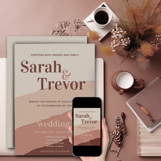 Convite Creme Rosa Dusty Abstrato 70 de Casamento (Criador carregado)