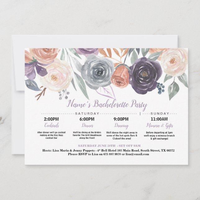 Convite Creme Roxo de Pêssego Itinerário do chá de panela (Frente)