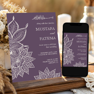 Convite Creme Roxo Empoeirado Mehndi Henna Casamento Muçul