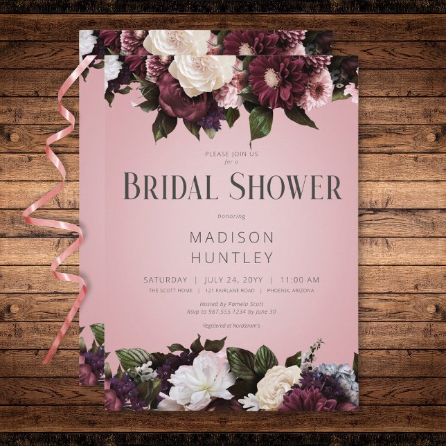 Convite Creme Russo Burgundy e Chá de panela Floral Rosa (Rustic Burgundy Cream & Pink Floral Bridal Shower Invitation)