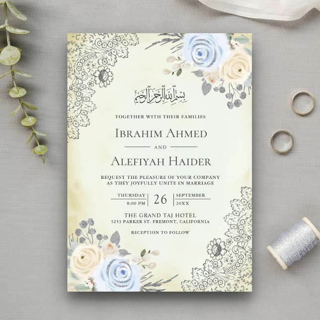 Convite Creme Rústico Azul Floral Renda Casamento Muçulman (Criador carregado)