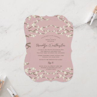 Convite Creme Sakura Flores de Cerejeira Rosa Chás de Bebê