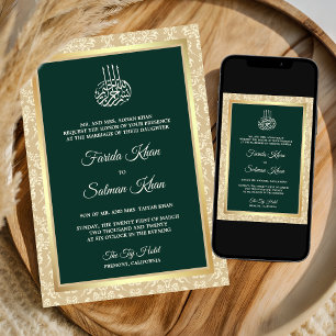 Convite Creme Verde Esmeralda Damasco Casamento Islâmico M