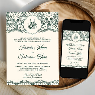 Convite Creme Verde Esmeralda Renda Casamento Islâmico Muç