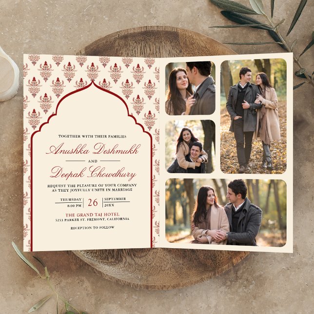 Convite Creme Vermelho Ikat Tudo em Um Casamento Indiano (Criador carregado)