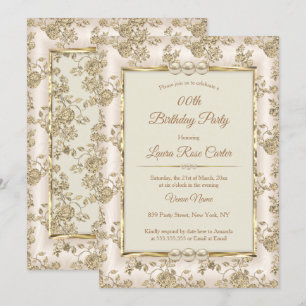 Convite Creme vintage Bege Damasco rosa Dourado antigo Ani