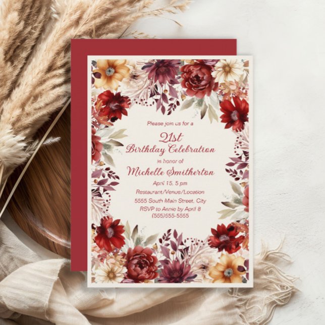 Convite Creme Watercolor aniversário de 21 anos Floral (Burgundy and cream floral 21st birthday party invitation)
