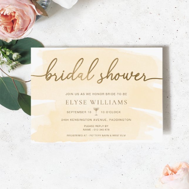 Convite Creme Watercolor Dourado Chá de panela (Bridal Shower Invitation Cream Watercolour Gold )