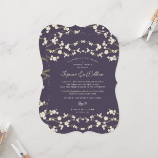 Convite Cremes Flores de Cerejeira Roxo Casamento Asiático