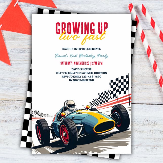 Convite Crescendo Dois segundos aniversários Rápidos De Ca (Growing Up Two Fast Race Car Boy 2nd Birthday Invitation)