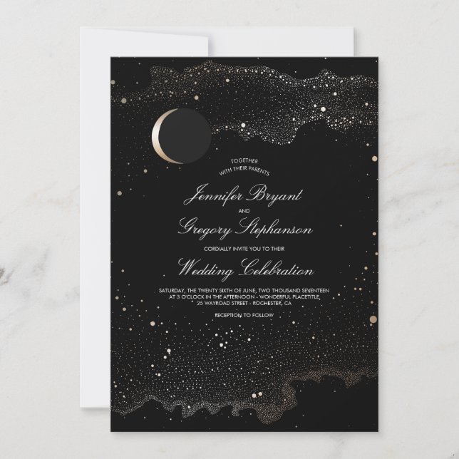 Convite Crescent Moon and Night Stars Modern Weds (Frente)