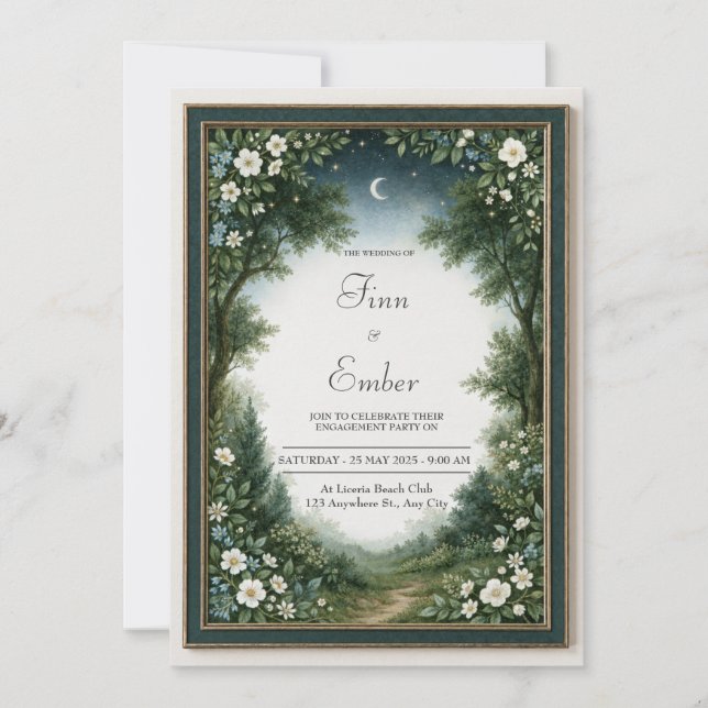 Convite Crescente Lua Esmeralda Floresta Quadro Casamento (Frente)