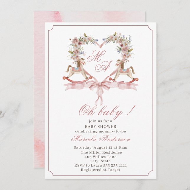 Convite Crescente rosa com aquarela moderna Rockin Horse B (Frente/Verso)