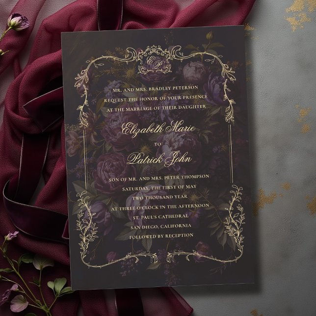 Convite Crest Botânico Vitoriano Romântico Casamento Tempe (moody wedding invitation victorian botanical crest frame dark gothic romance whimsigoth gold)
