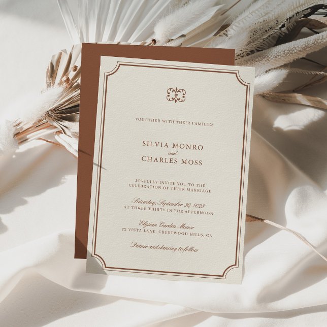 Convite Crest de Casamento Clássico Elegante Brown & Ecru (Elegant Brown & Ecru Classic Script Wedding Crest Invitation)