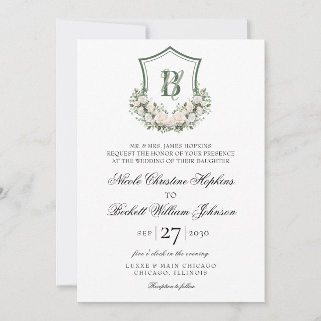 Convite Crest de Flores Brancas Casamento (Frente)